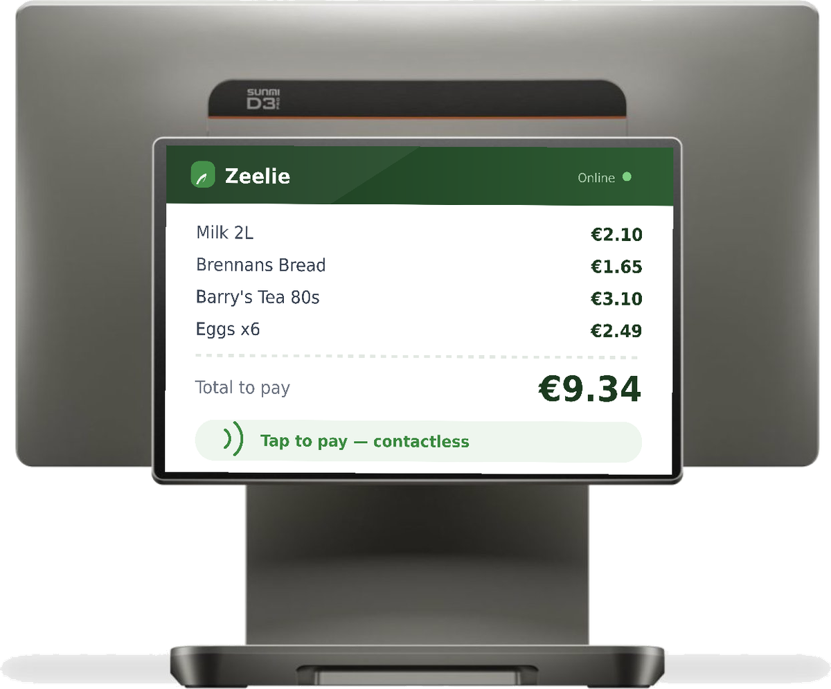 Sunmi D3 Pro dual-screen POS terminal — customer view showing a Zeelie receipt and contactless tap-to-pay